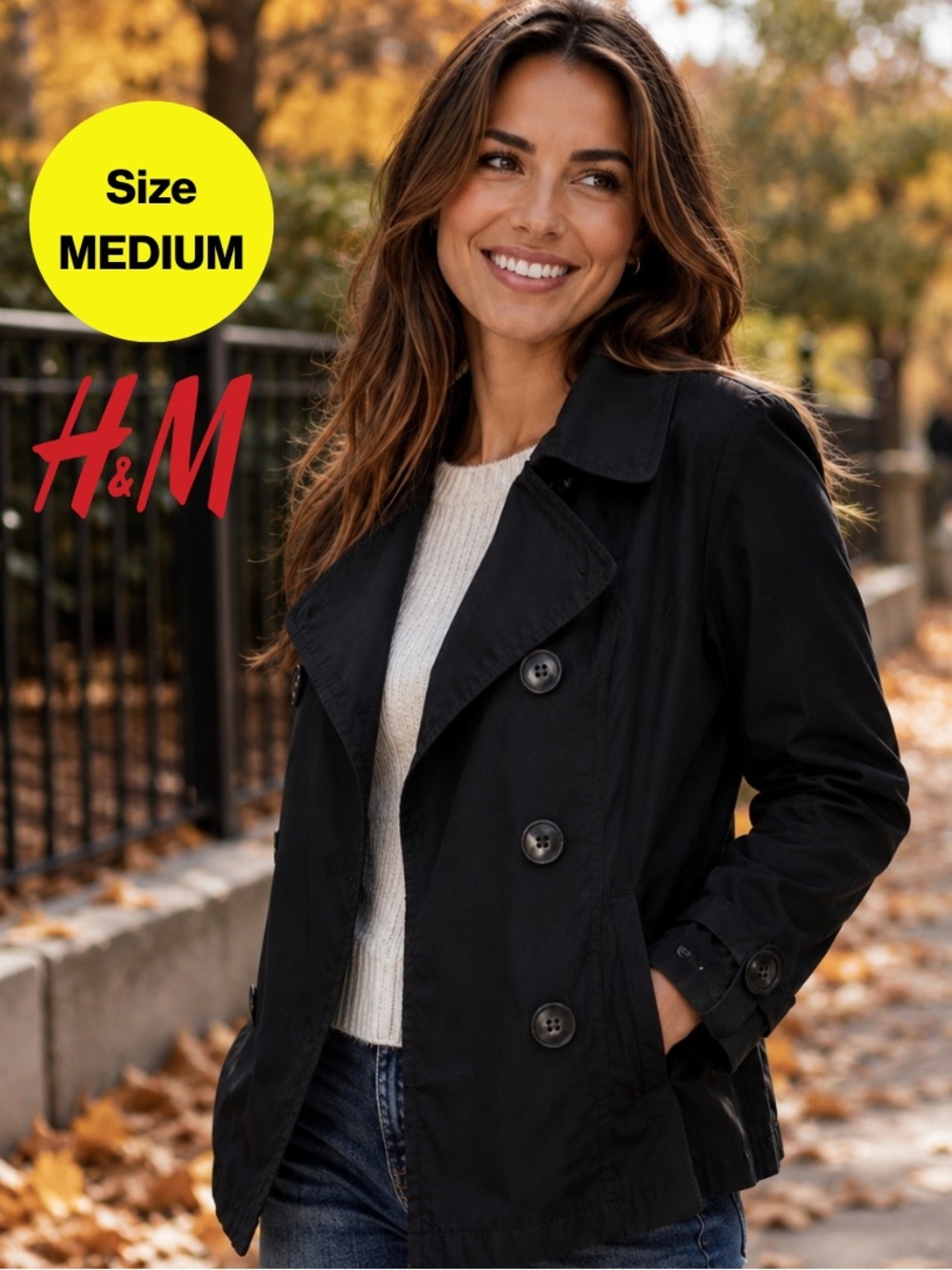 2/for $20 🪩 H&M Elegant Women’s Black Pea Coat, 3/4 Sleeves (Size Medium)